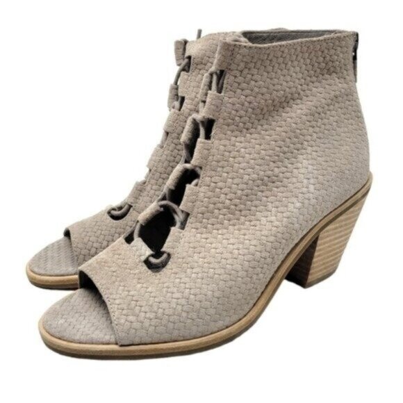 Eileen Fisher | Slew Lace Up Peep Toe Leather Ankle Bootie Taupe - Picture 1 of 10